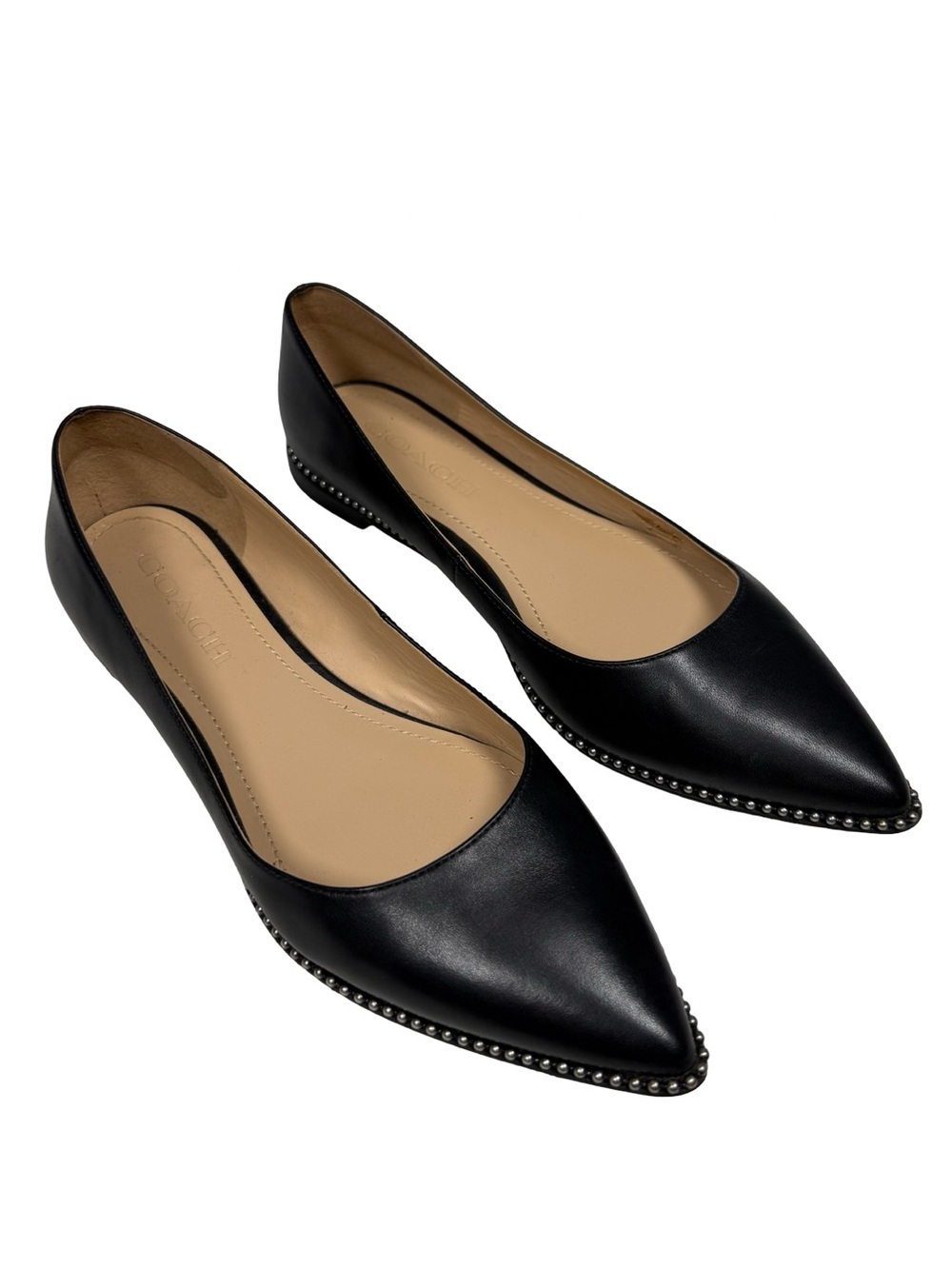 Coach Viviana Beadchain Women 6.5 Black Leather Pointed Toe Skimmer Ballet Flats